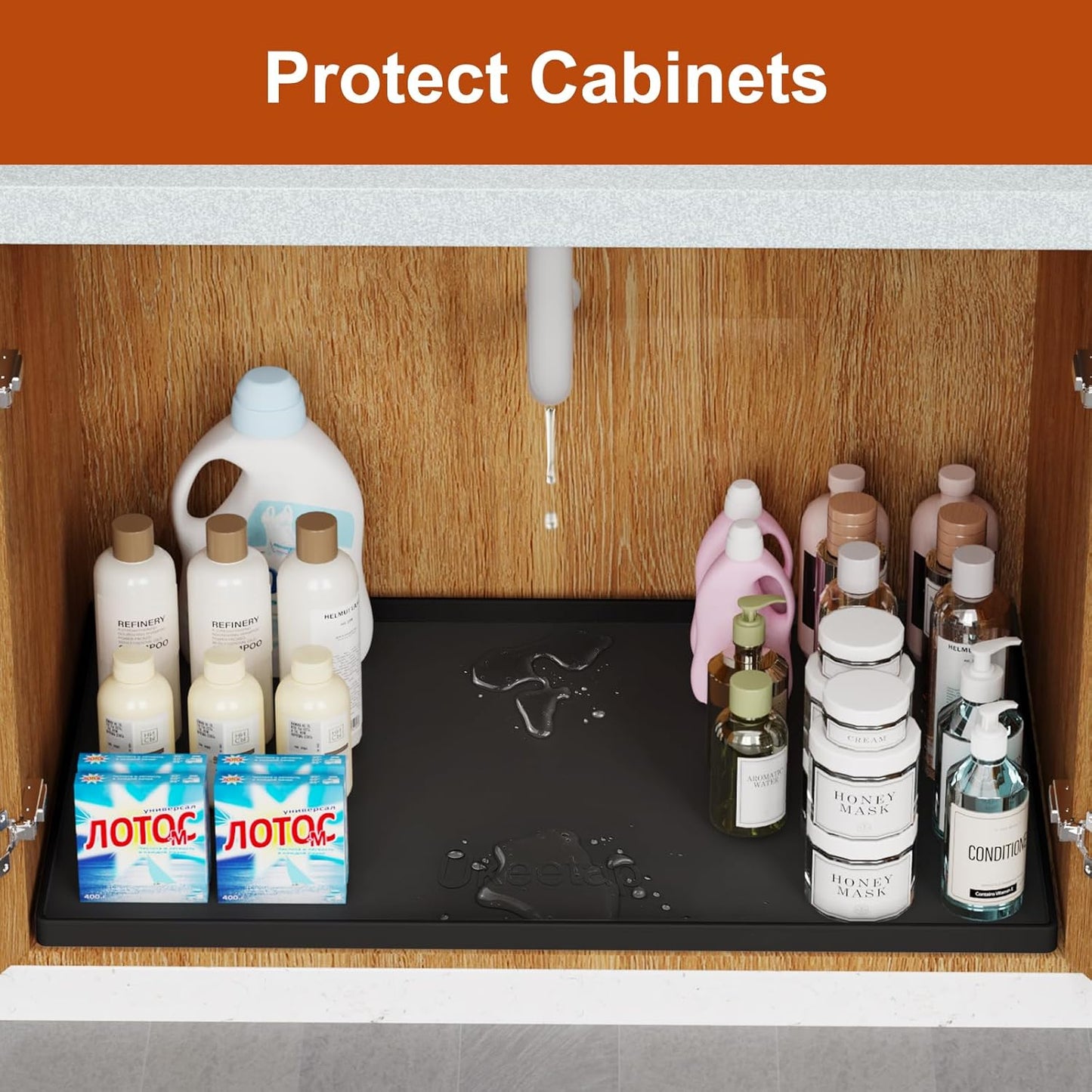 Skiennix Extra Thick Waterproof Silicone Mat - 22" x 19" Under Sink & Cabinet Liner in Black