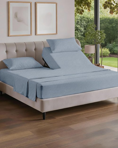 Flex Top Split Head King 4 Piece Sheet Set - Comfy Breathable & Cooling Bed Sheets Set - Hotel Luxury Bedding for Women, Men, Kids, Teens, Boys & Girls - Deep Pockets, Soft, Oeko-Tex - Heathered Blue