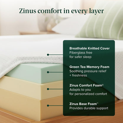 Zinus 12 Inch Full Green Tea Memory Foam Mattress [New Version], Fiberglass Free, Medium Firm Feel, Zoned Pressure Relief, Certified Safe Foams & Fabric, Mattress in A Box