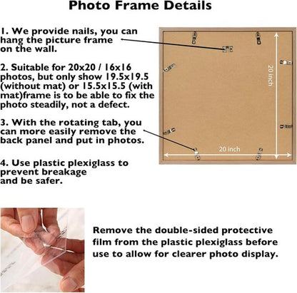 JCJMY 20x20 Picture Frame - Rustic Brown Wall Hanging Display with 16x16 Mat & Shatter Resistant Plexiglass