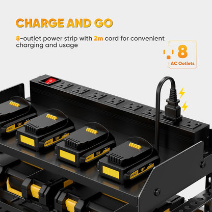 POKIPO Power Tool Organizer - Wall Mount Storage Rack with Charging Station & 8 Outlet Power Strip | Heavy Duty Metal for Garage