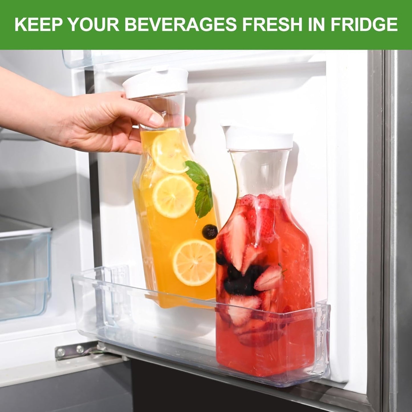 Set of 4 Plastic Carafe with Lid, 1 Liter Mimosa Bar Supplies, Large Square Base Juice Containers, Water Bottle, Milk Container, Clear Beverage Containers for Fridge - HAND WASH ONLY