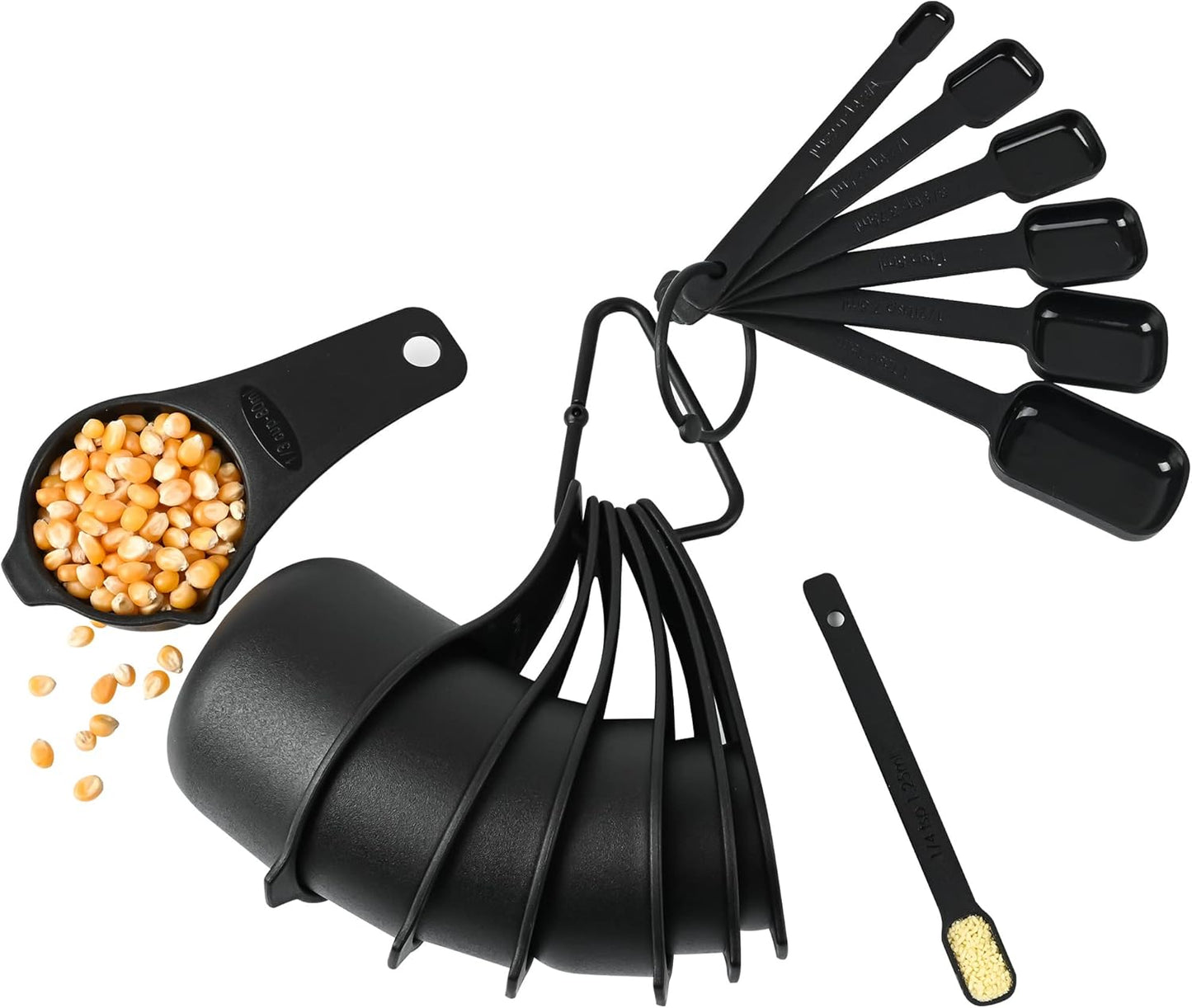 Skiennix Measuring Cups and Spoons Set - 15-Piece Plastic Kitchen Tools with Long Handle Spoons & Leveler - Black