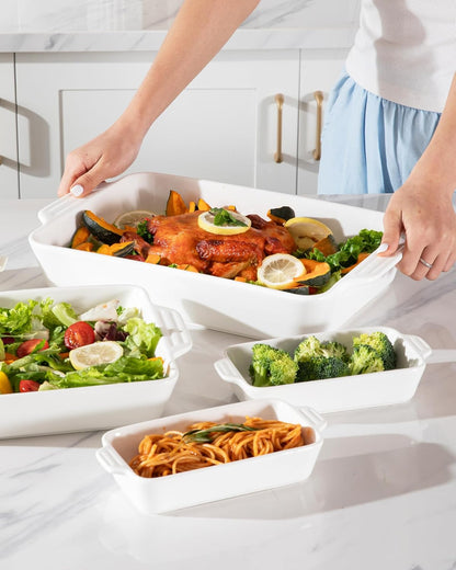 Sweejar Ceramic Bakeware Set - 4 Rectangular Casserole Dishes with Handles for Oven Cooking | White