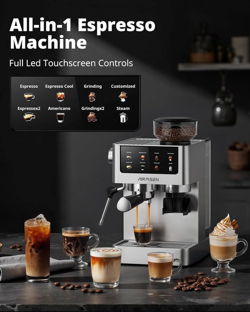AIRMSEN Espresso Machine - 20 Bar Pressure with Burr Grinder & Milk Frother | Stainless Steel Coffee Maker for Home