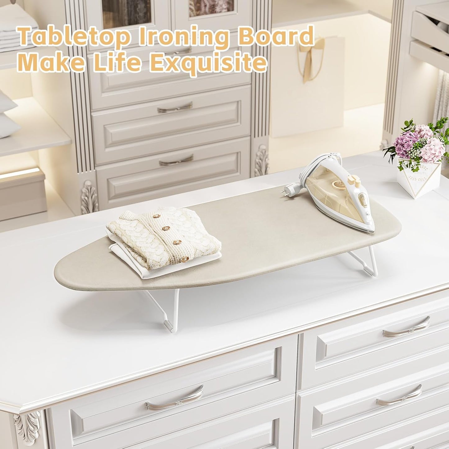 Skiennix Compact Mini Ironing Board - Heat Resistant Cover & Metal Mesh Frame | 12x30 Inches, Cream White