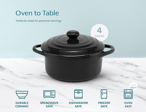 Kook Ceramic Mini Cocotte Set - Small Casserole Dishes with Lids | Oven & Microwave Safe, 12 oz, Set of 4 (Black)