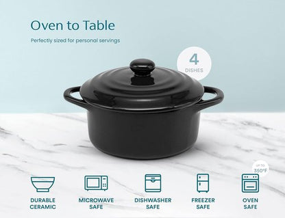 Kook Ceramic Mini Cocotte Set - Small Casserole Dishes with Lids | Oven & Microwave Safe, 12 oz, Set of 4 (Black)