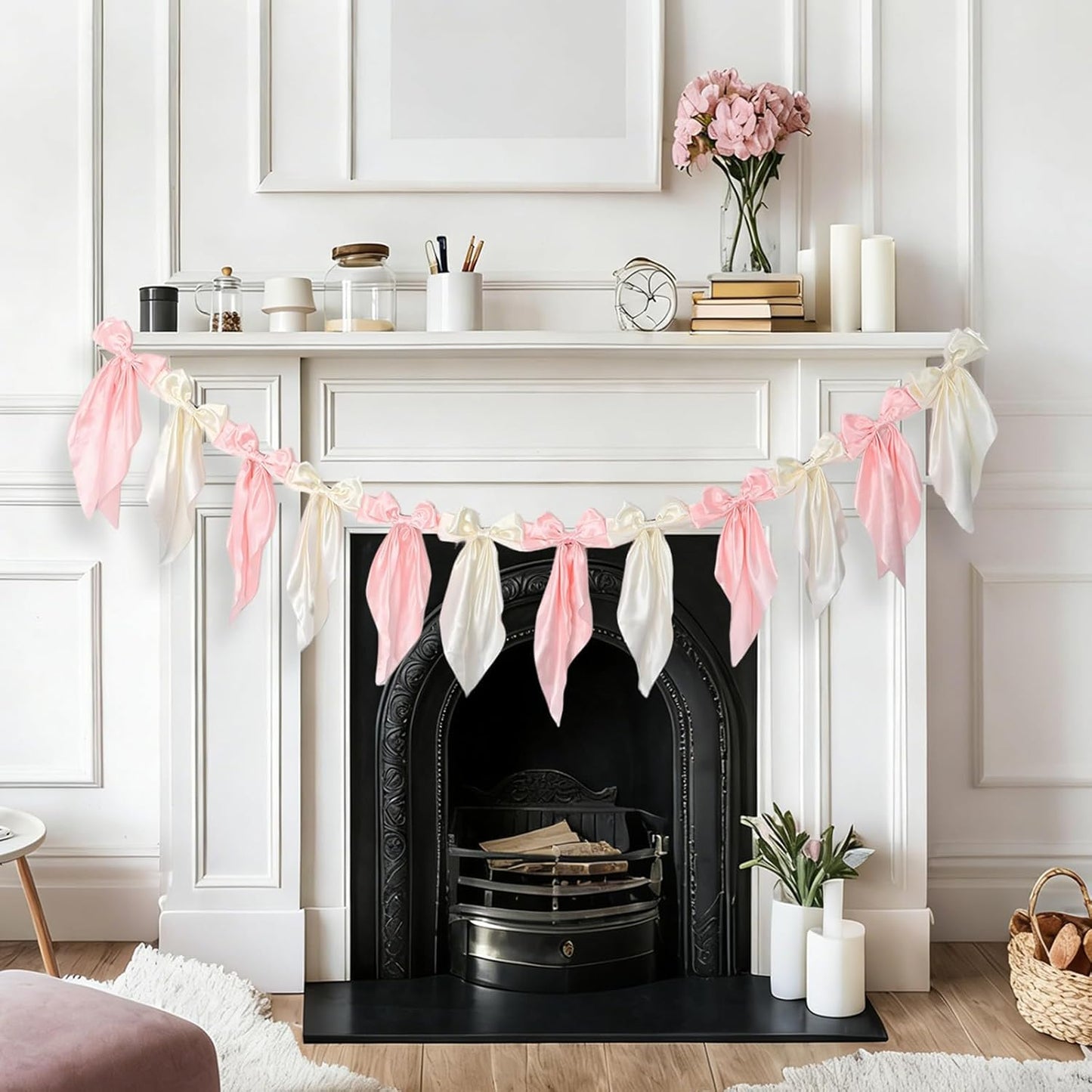Skiennix White Pink Bow Garland Banner - Elegant Satin Ribbon Decor for Bridal Showers & Parties | 6ft