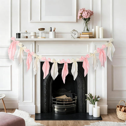 Skiennix White Pink Bow Garland Banner - Elegant Satin Ribbon Decor for Bridal Showers & Parties | 6ft