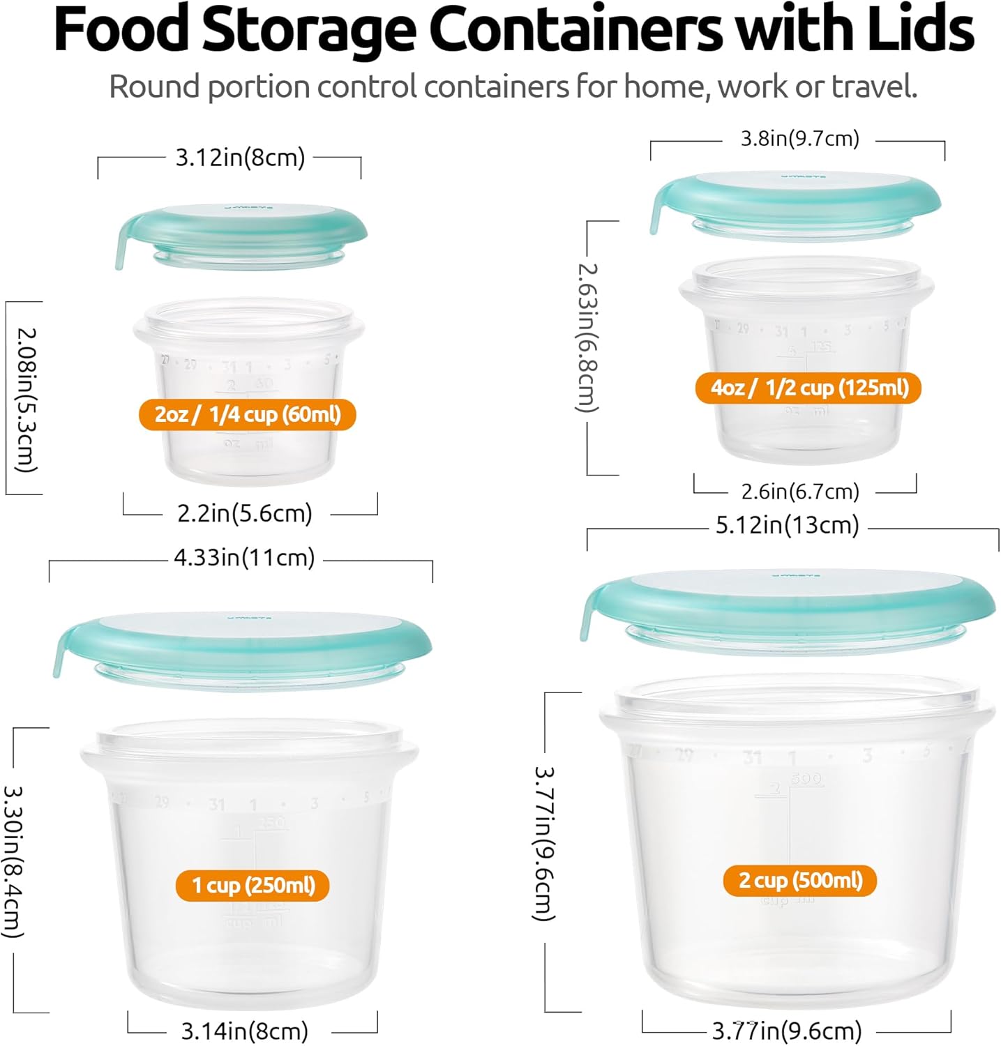 U-Taste Silicone Food Storage Containers Set - Airtight Meal Prep Boxes | Freezer & Microwave Safe, 2oz/4oz/8oz/16oz, Aqua Sky