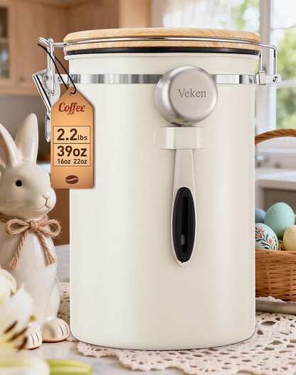Veken Coffee Canister - 39oz Airtight Stainless Steel Food Storage Container with Date Tracker & Scoop | Cream