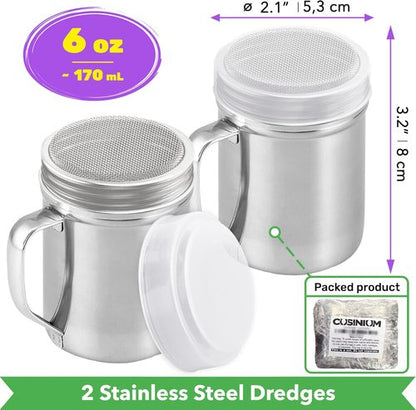 CUSINIUM Powdered Sugar Shaker Duster - Fine Mesh Cinnamon Shaker for Coffee Bar - 6 Ounce, Pack of 2