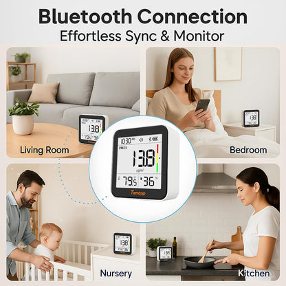 Temtop M10+ Indoor Air Quality Monitor - 6-in-1 PM2.5 & VOC Detector with E-Ink Display | Battery Powered, App-Enabled Temperature & Humidity Sensor
