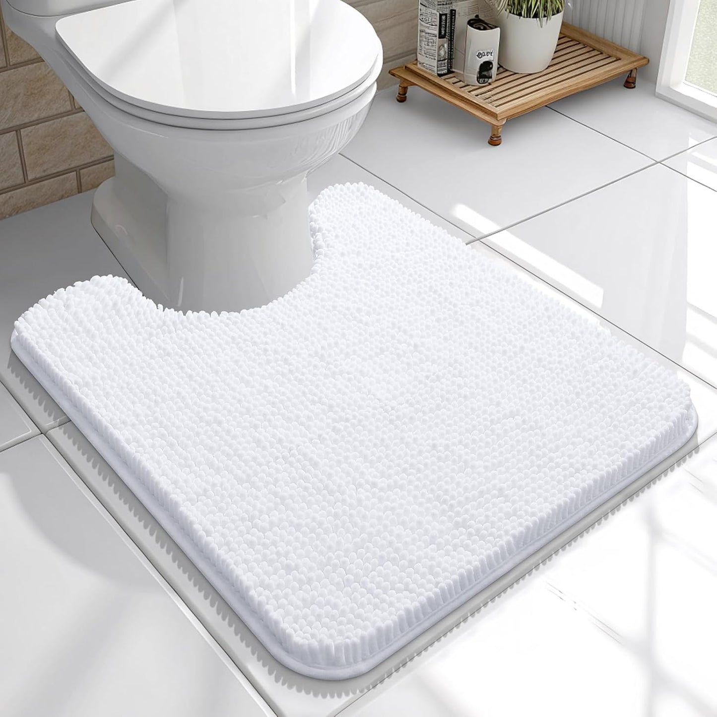 OLANLY U-Shaped Toilet Rug - Extra Soft Chenille, Quick-Dry, Non-Slip Bathroom Mat | 20x20, White