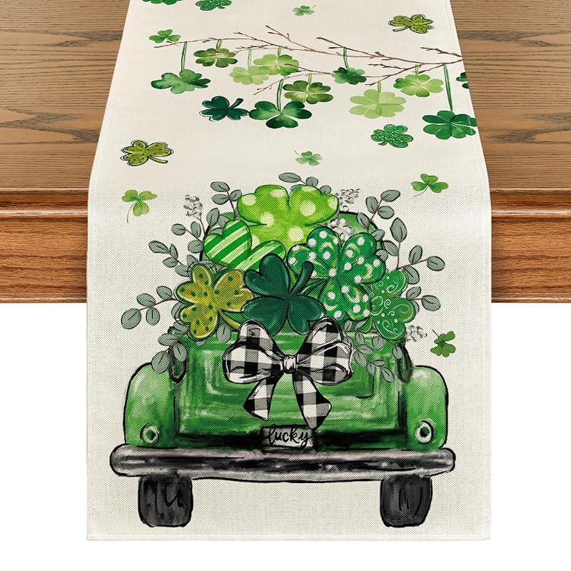 Shamrock Eucalyptus St. Patrick's Table Runner - 13x36 Inch, Beige/Green