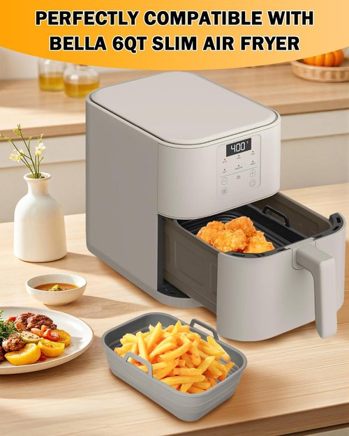 Bella Air Fryer Silicone Liners - Reusable Non-Stick Baking Basket Insert | 2-Pack, Gray & Black