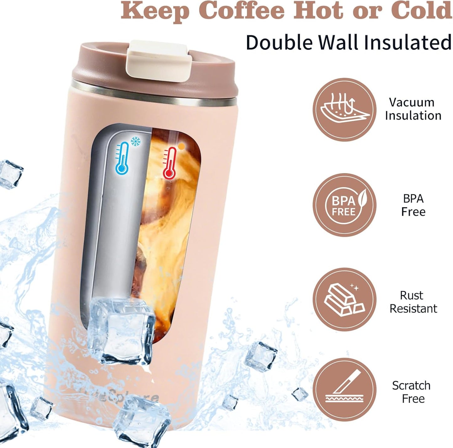 Skiennix Travel Coffee Mug - 16 oz Insulated Tumbler | Leak-Proof Stainless Steel for Hot & Cold Beverages - Pink