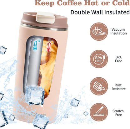 Skiennix Travel Coffee Mug - 16 oz Insulated Tumbler | Leak-Proof Stainless Steel for Hot & Cold Beverages - Pink