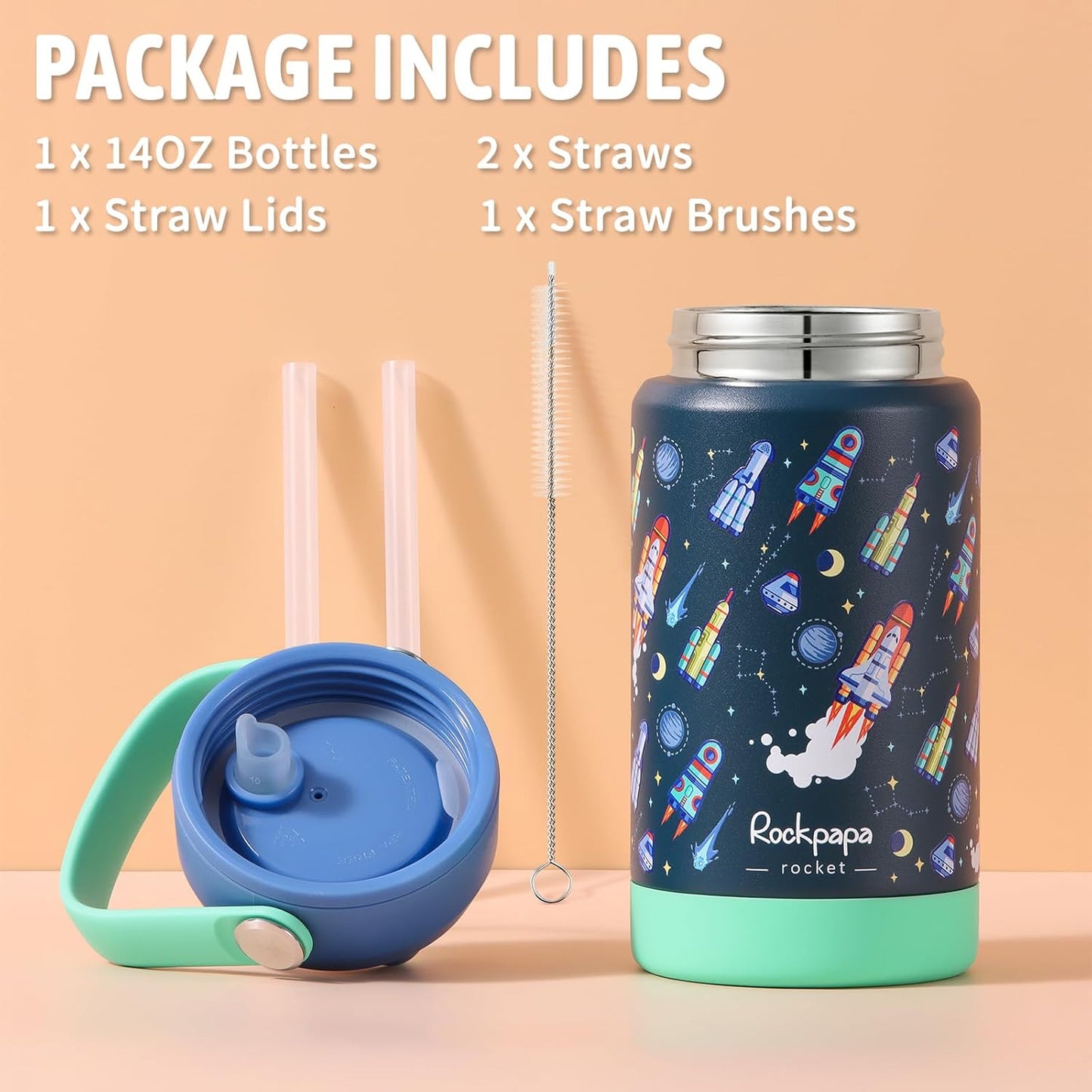 Rockpapa Kids Insulated Water Bottle - 14 oz Stainless Steel, BPA Free, Leak-Proof | Blue Rocket Design