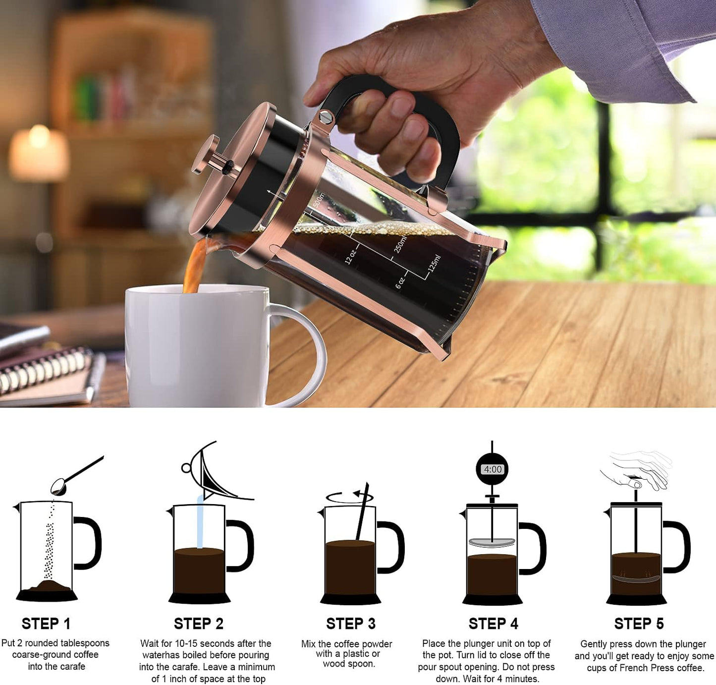 QUQIYSO Coffee Maker - 304 Stainless Steel French Press with 4 Filters | Heat Resistant, Easy to Clean, 21 oz Copper