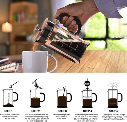 QUQIYSO Coffee Maker - 304 Stainless Steel French Press with 4 Filters | Heat Resistant, Easy to Clean, 21 oz Copper