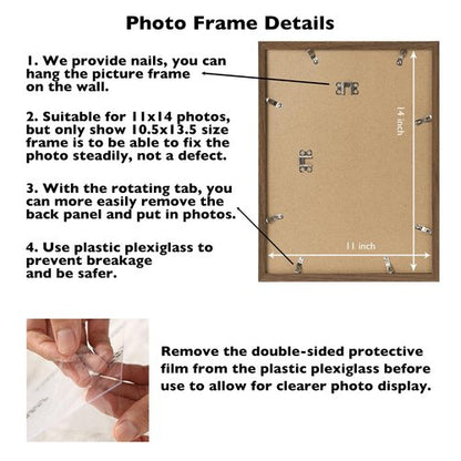 JCJMY 11x14 Picture Frame Brown for Wall Hanging, Wall Mounting Horizontally or Vertically, 11 x 14 Wall Gallery Poster Photo Frame with Shatter Resistant Plexiglass, Brown