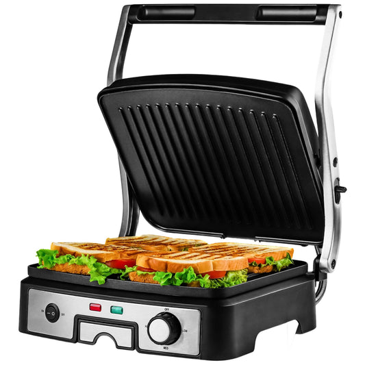 OVENTE Electric Panini Press Sandwich Maker, 1500W Indoor Grill with Non-Stick Coated Plates, Temperature Control & Removable Drip Tray, Opens 180 Degrees to Fit Any Type/Size of Food, Silver GP1861BR