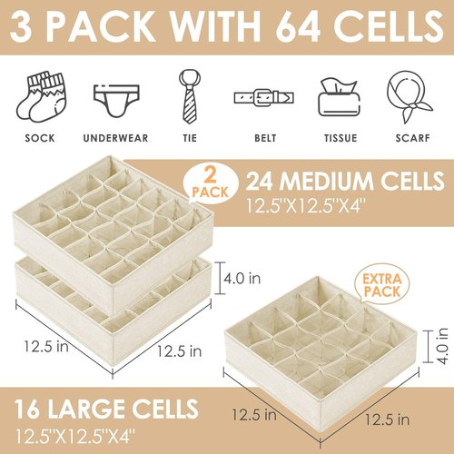 Criusia Sock Organizer - 3 Pack Fabric Drawer Dividers with 64 Cells for Socks, Underwear & Ties | Beige