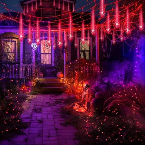 Aukora Red LED Halloween Lights - 8 Tube Snow Falling Rain Icicle String Lights for Outdoor Decor