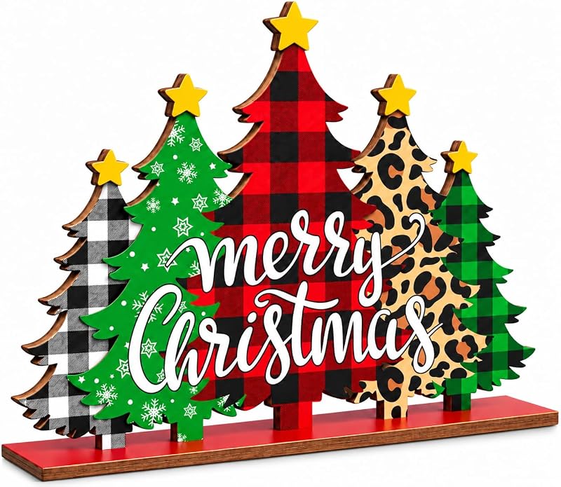 Five-Tree Christmas Sign - Buffalo Plaid & Leopard Print Wooden Christmas Decoration - Variation: Christmas1