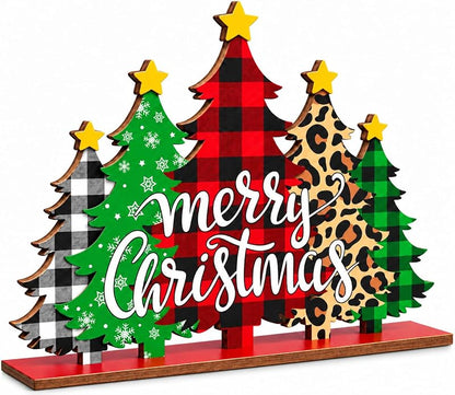 Five-Tree Christmas Sign - Buffalo Plaid & Leopard Print Wooden Christmas Decoration - Variation: Christmas1