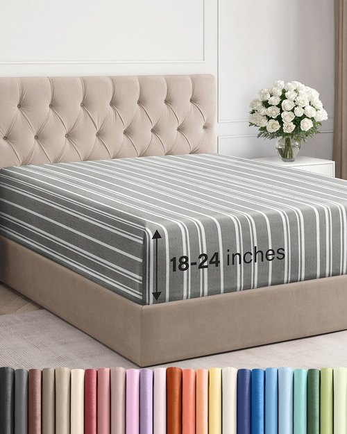 Extra Deep Full Fitted Sheet - Hotel Luxury Single Fitted Sheet Only - Easily Fits 18 inch to 24 inch Mattress - Ultra Soft, Wrinkle Free with Extra Deep Pockets - Breathable & Comfy - Grey Stripes