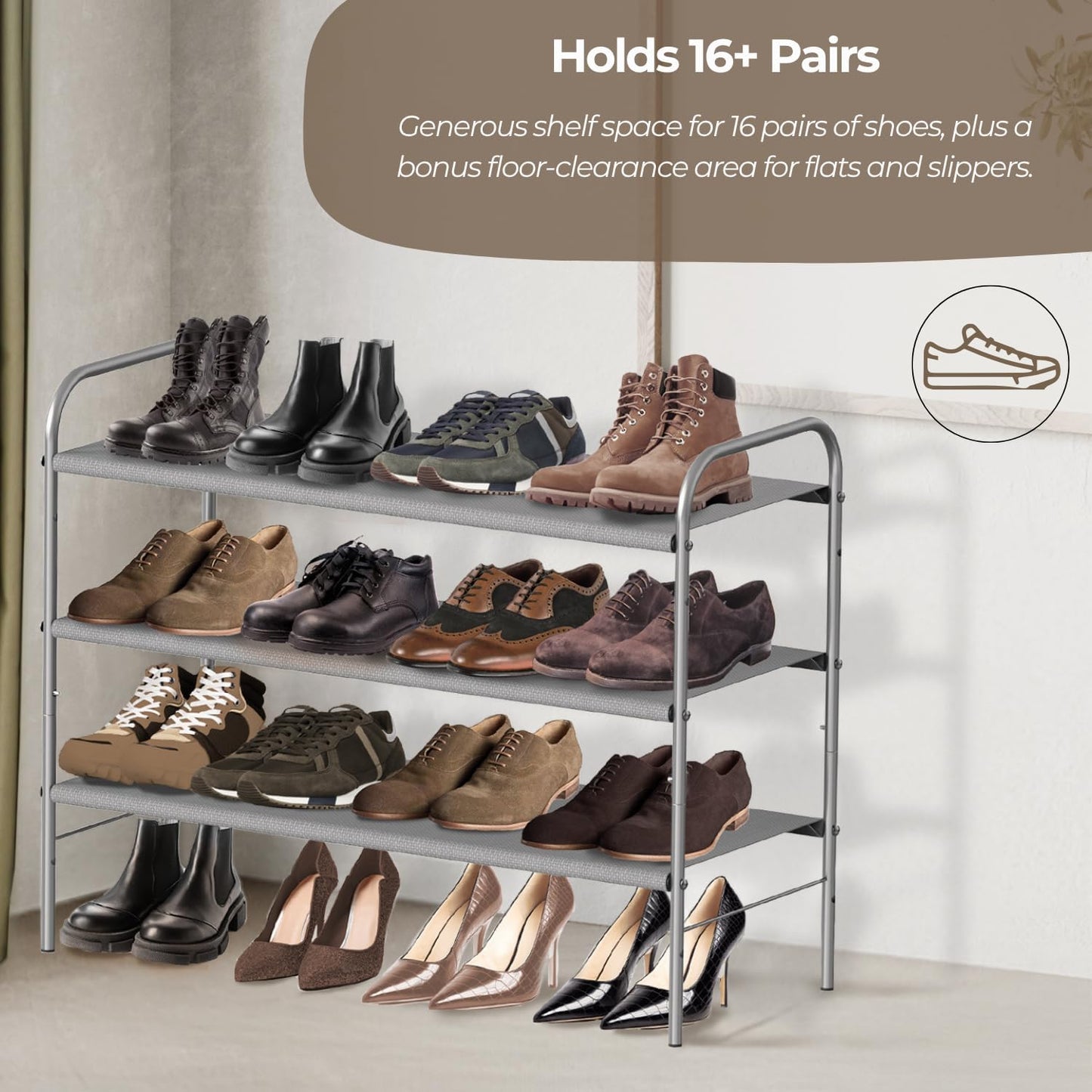 Simple Houseware 3-Tier Shoe Rack - Space-Saving Organizer for 9-16 Pairs, Sturdy Metal Frame, Grey