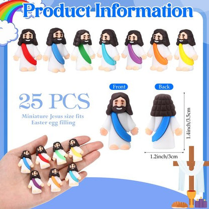 Bememo 25 Pcs Little Jesus Figures Original Design Mini Rubber Jesus Figurine to Hide and Seek Religious Party Favors Sunday Baptism Gifts(Rainbow Colors)