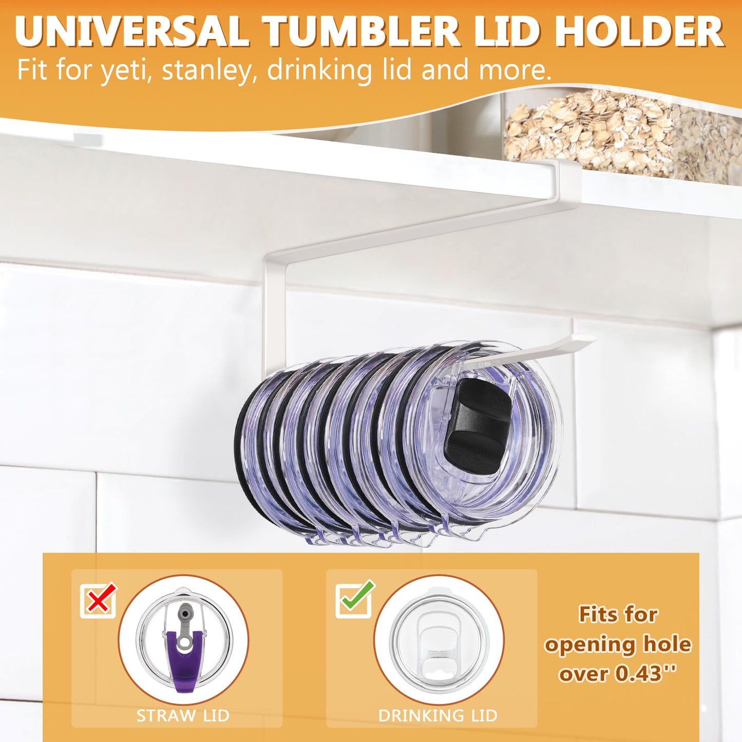 Tumbler Lid Organizer Under Cabinet, Tumbler Lid Storage Hook Up to 10 Lids, Cup Lid Organizer Space Saving Tumbler Lid Hanger for Kitchen Storage, Horizontal Paper Towel Hanger (White)