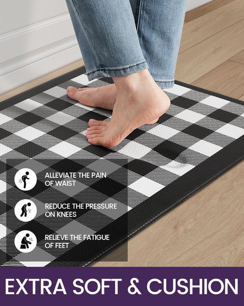 DEXI Buffalo Plaid Kitchen Mat Sets of 2, Cushioned Anti Fatigue Floor Checkered Rug, Waterproof Non Slip Memory Foam Mats for Standing Desk, Home Office, Sink, Laundry, Black & White