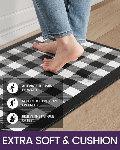 DEXI Buffalo Plaid Kitchen Mat Sets of 2, Cushioned Anti Fatigue Floor Checkered Rug, Waterproof Non Slip Memory Foam Mats for Standing Desk, Home Office, Sink, Laundry, Black & White