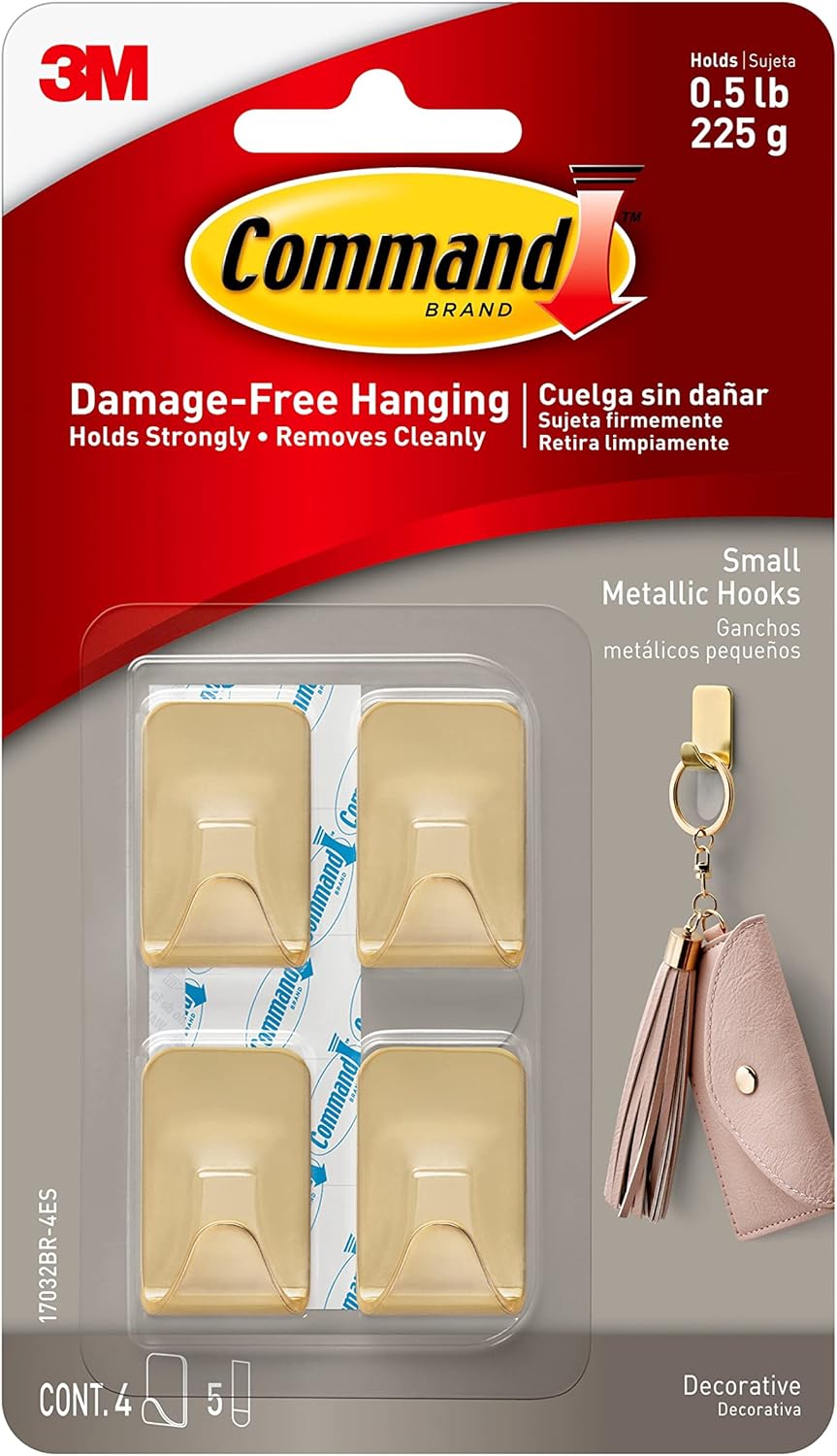 Command Small Metallic Hooks - Damage-Free Brass Wall Hooks with Adhesive Strips | 4 Hooks, 5 Strips, Holds Up to 0.5 lb