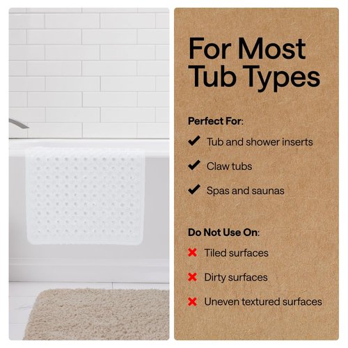 GORILLA GRIP Patented Bath Tub Shower Mat, Machine Washable Bathtub Floor Liner Mats, Suction Cups and Drain Holes to Keep Tubs Clean, Soft on Feet, Bathroom Essentials, 35x16 Inch, White