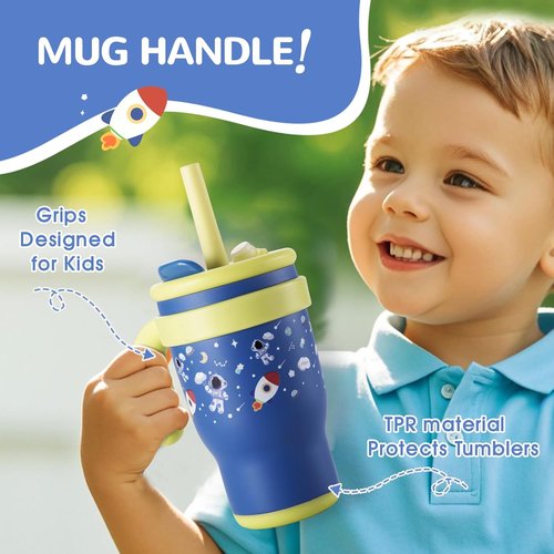 KXIAOCHEN Toddler Tumbler - Spill-Proof 14 Oz Insulated Stainless Steel | Keeps Drinks Cold 24 Hrs - Navy Blue Spaceman