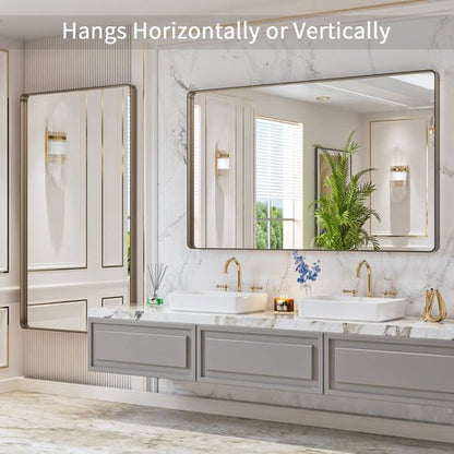 LOAAO 60”X36” Bronze Bathroom Mirrors for Vanity, Rounded Rectangle Brushed Bronze Metal Frame Mirror, Anti-Rust, Tempered Glass, Hangs Horizontally or Vertically