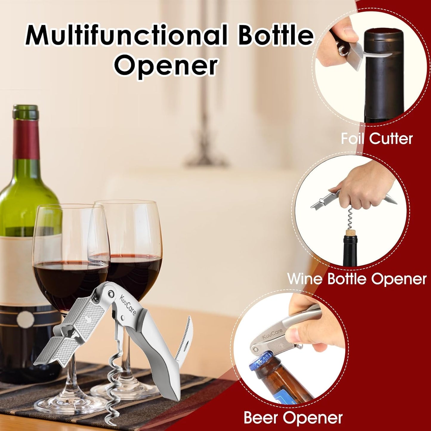 Wine Opener Waiter Corkscrew, Premium 420 Stainless Steel Wine Bottle Opener with Foil Cutter & Cap Remover, Double Hinged Manual Wine Key for Bartenders, Servers, Waiters and Home Use, Silver