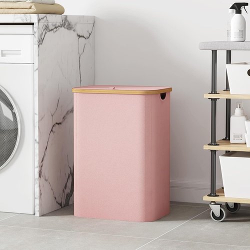 Lifewit 80L Laundry Basket - Foldable Hamper with Lid & Bamboo Handles | Removable Bag, Pink