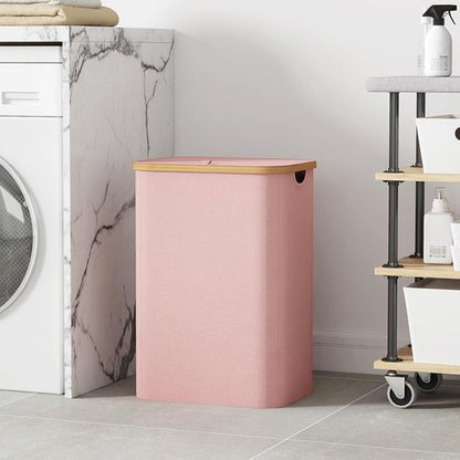 Lifewit 80L Laundry Basket - Foldable Hamper with Lid & Bamboo Handles | Removable Bag, Pink