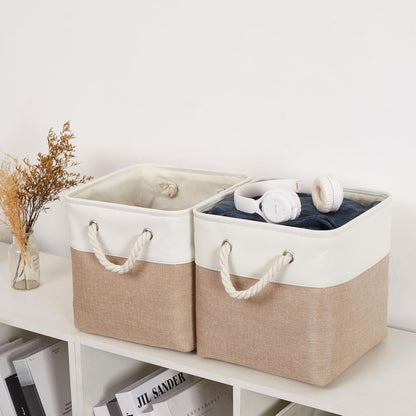 Skiennix Storage Cubes - 6 Pack Large Collapsible Fabric Bins | Foldable Organizer for Home & Office - White & Beige