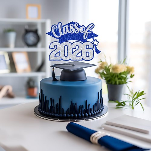 Class of 2026 Cake Topper - Glitter Graduation Decor for High School, College & University - Blue & Silver