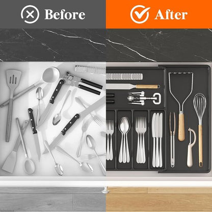 Lifewit Silverware Drawer Organizer, Expandable Utensil Tray for Kitchen, BPA Free Flatware and Cutlery Holder, Adjustable Plastic Storage for Spoons Forks Knives, 18- 33 x 18.5", Black