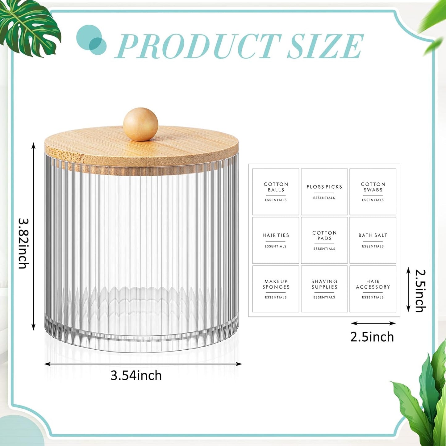 Yaomiao Ribbed Bathroom Canisters - 6 Pcs Apothecary Jars with Bamboo Lids & Labels | 18 oz Plastic Storage for Cotton Balls, Swabs, Floss Picks