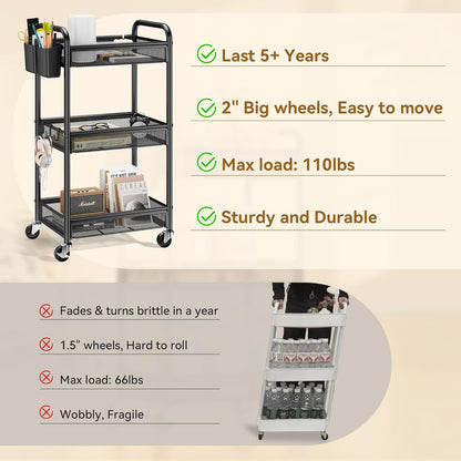 YASONIC 3-Tier Rolling Cart - Metal Utility Storage with Wheels, Hooks & Mesh Basket - Black